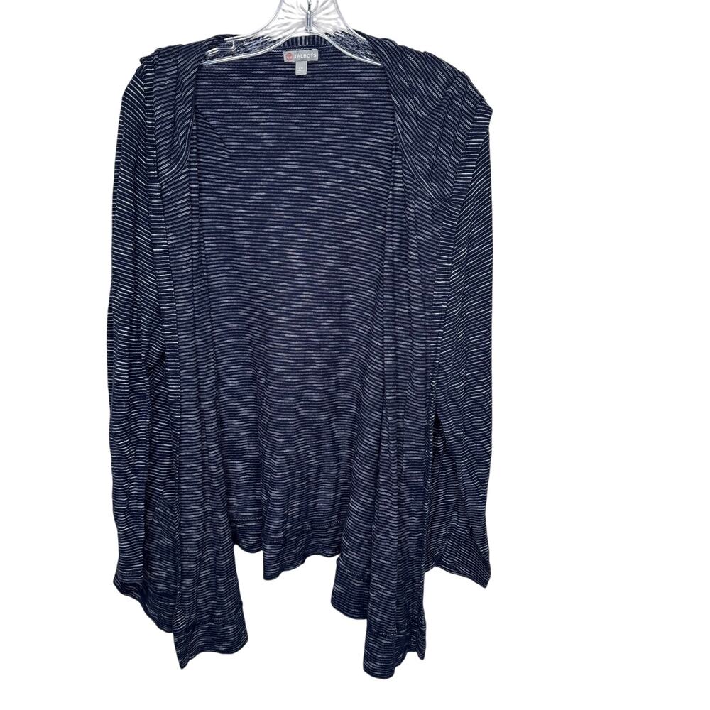 Talbots 2X Open Front Cardigan Navy Blue White Stripe 100% Cotton‎ Lightweight